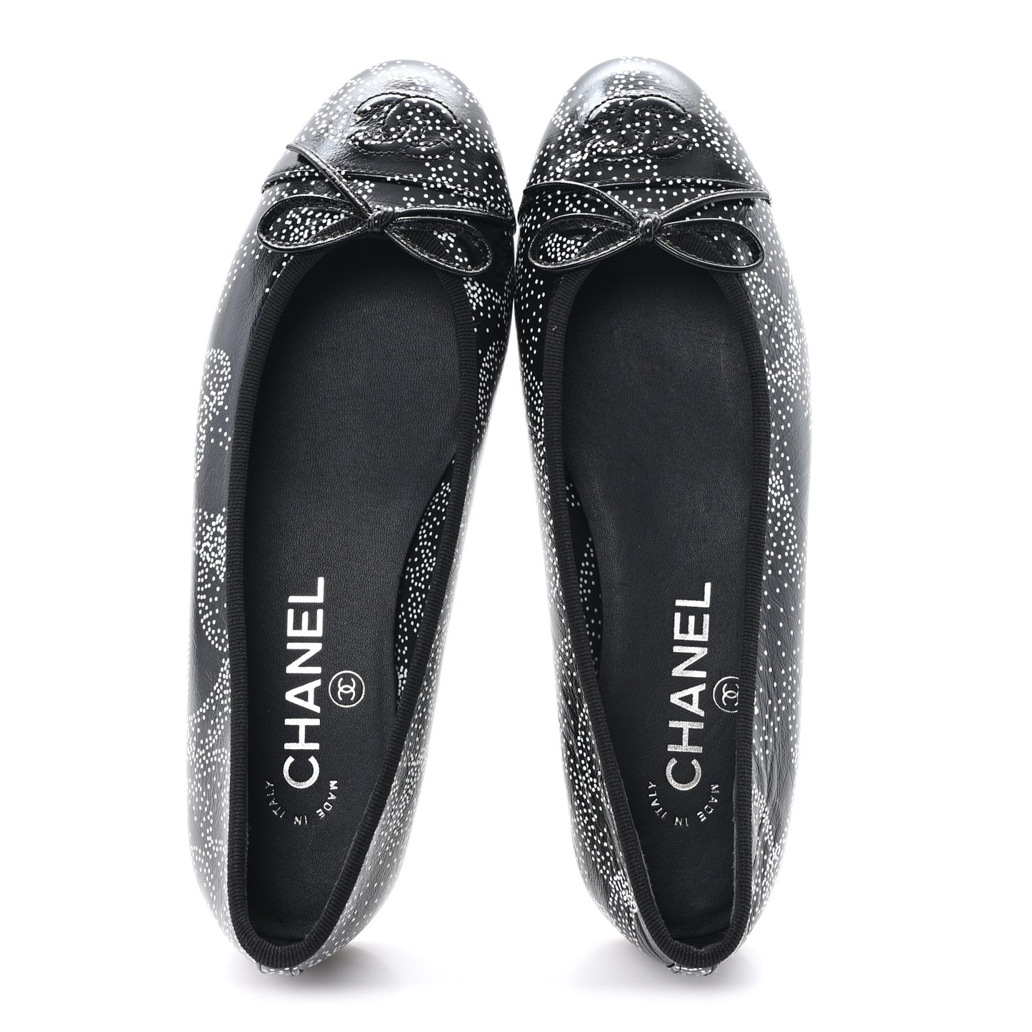 Calfskin Camellia Printed Cap Toe Ballerina Flats 36 Black White