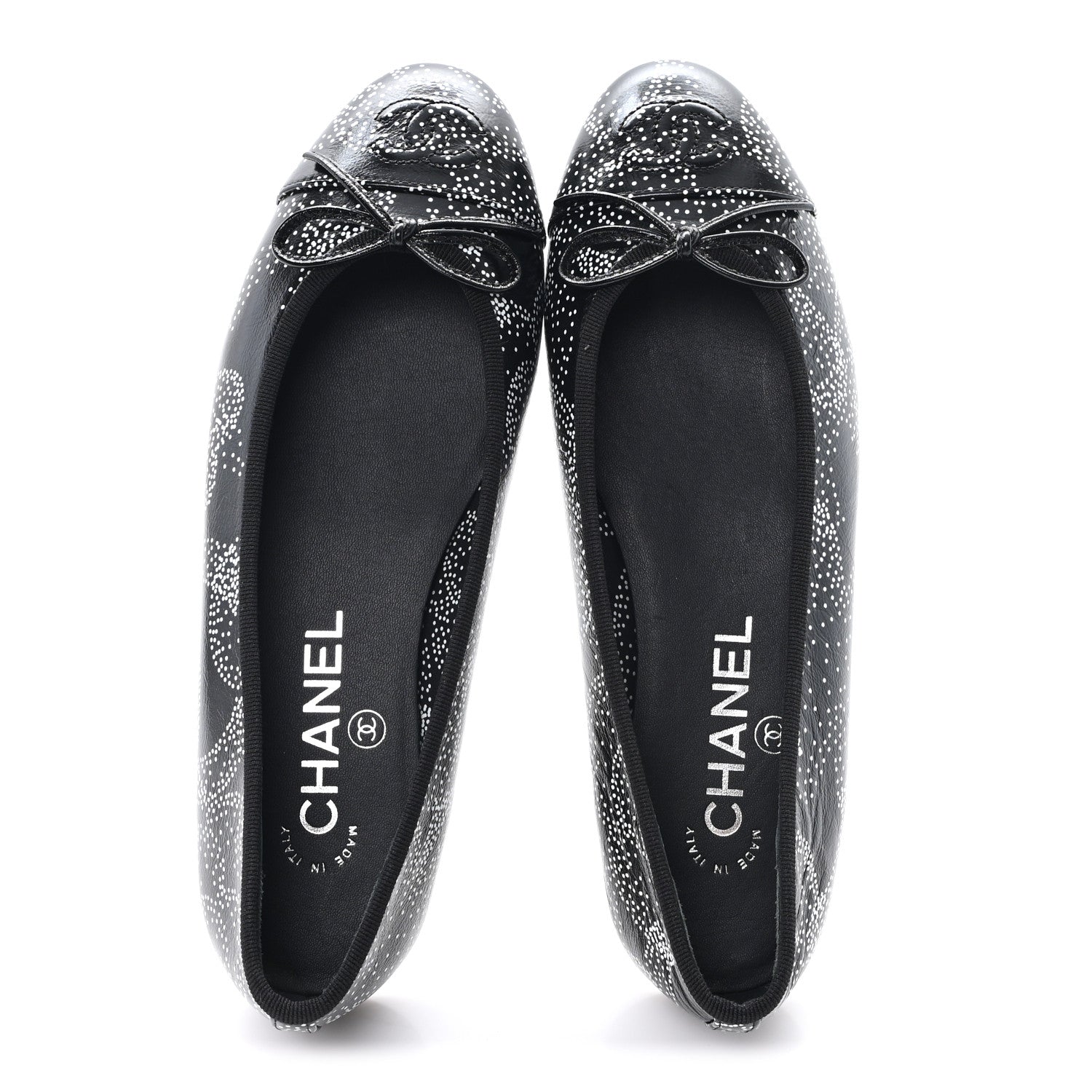 Chanel Calfskin Camellia Printed Cap Toe Ballerina Flats 36 Black White 2 of 10