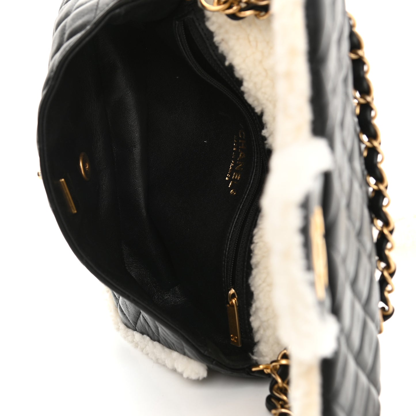Lambskin Shearling Large CC Flap Bag Black White