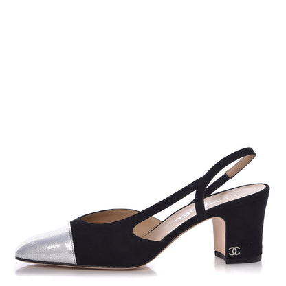 Chanel Kid Suede Metallic Lambskin Cap Toe CC Slingback Pumps 37.5 Black Silver 1 of 8
