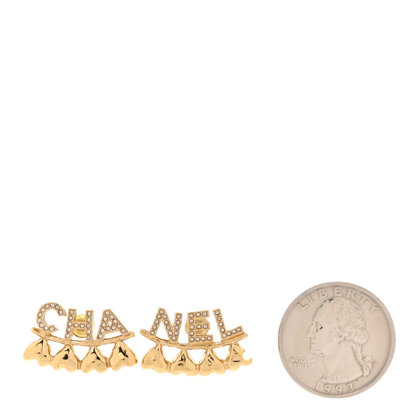Crystal Heart Cha-Nel Logo Earrings Gold