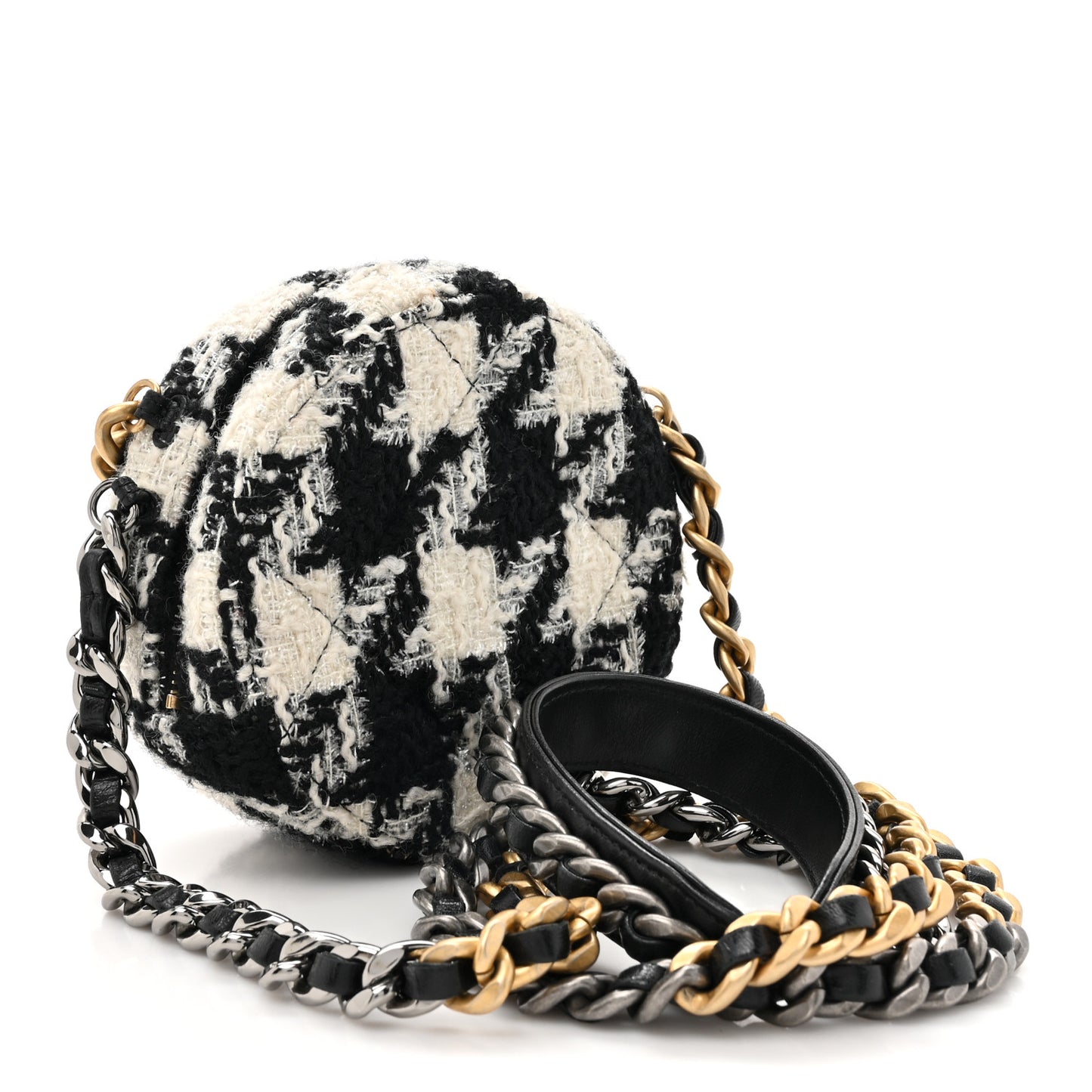 Wool Tweed Lambskin Quilted Chanel 19 Round Clutch With Chain and Coin Purse Black White