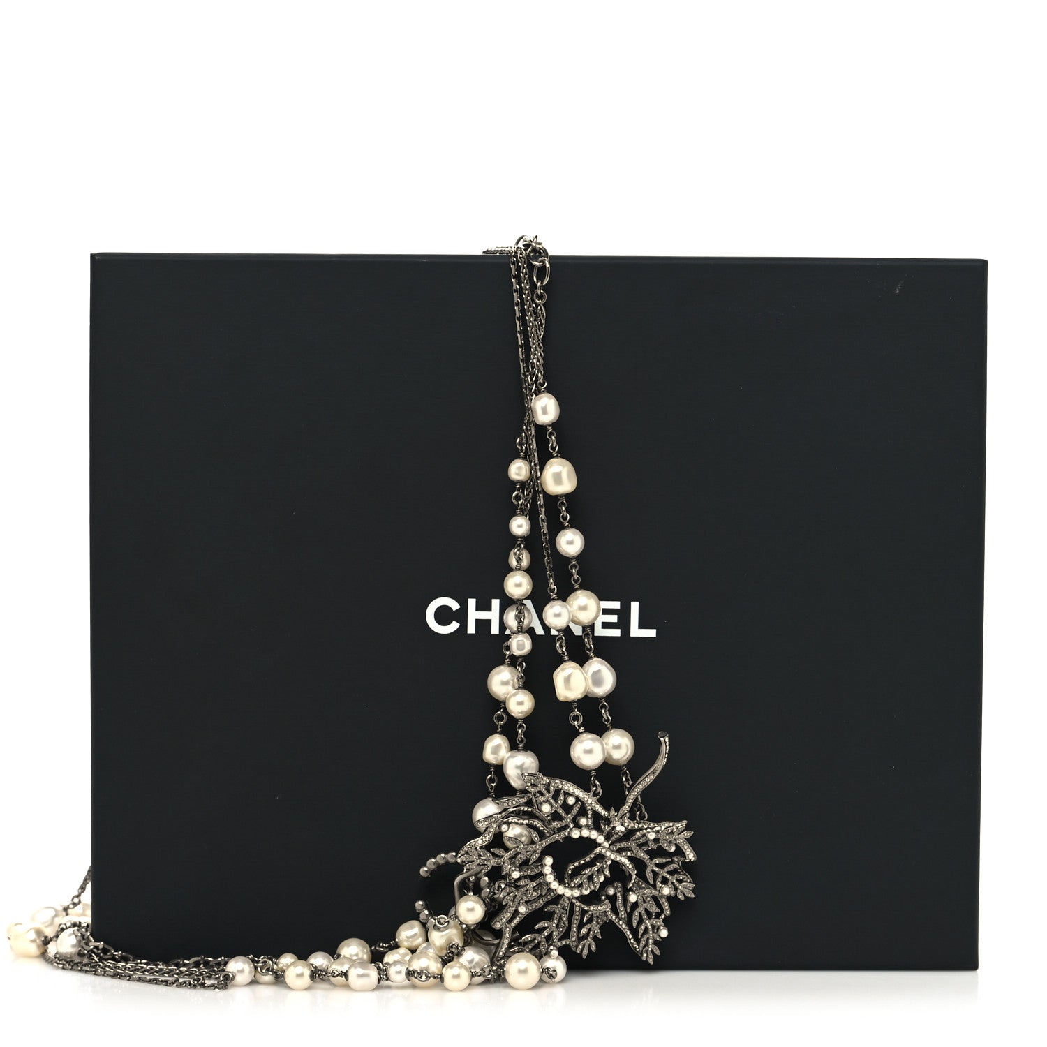 Chanel Pearl Crystal CC Leaf Long Necklace Silver 6 of 6