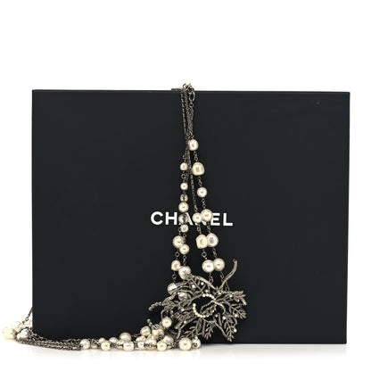 Chanel Pearl Crystal CC Leaf Long Necklace Silver 6 of 6