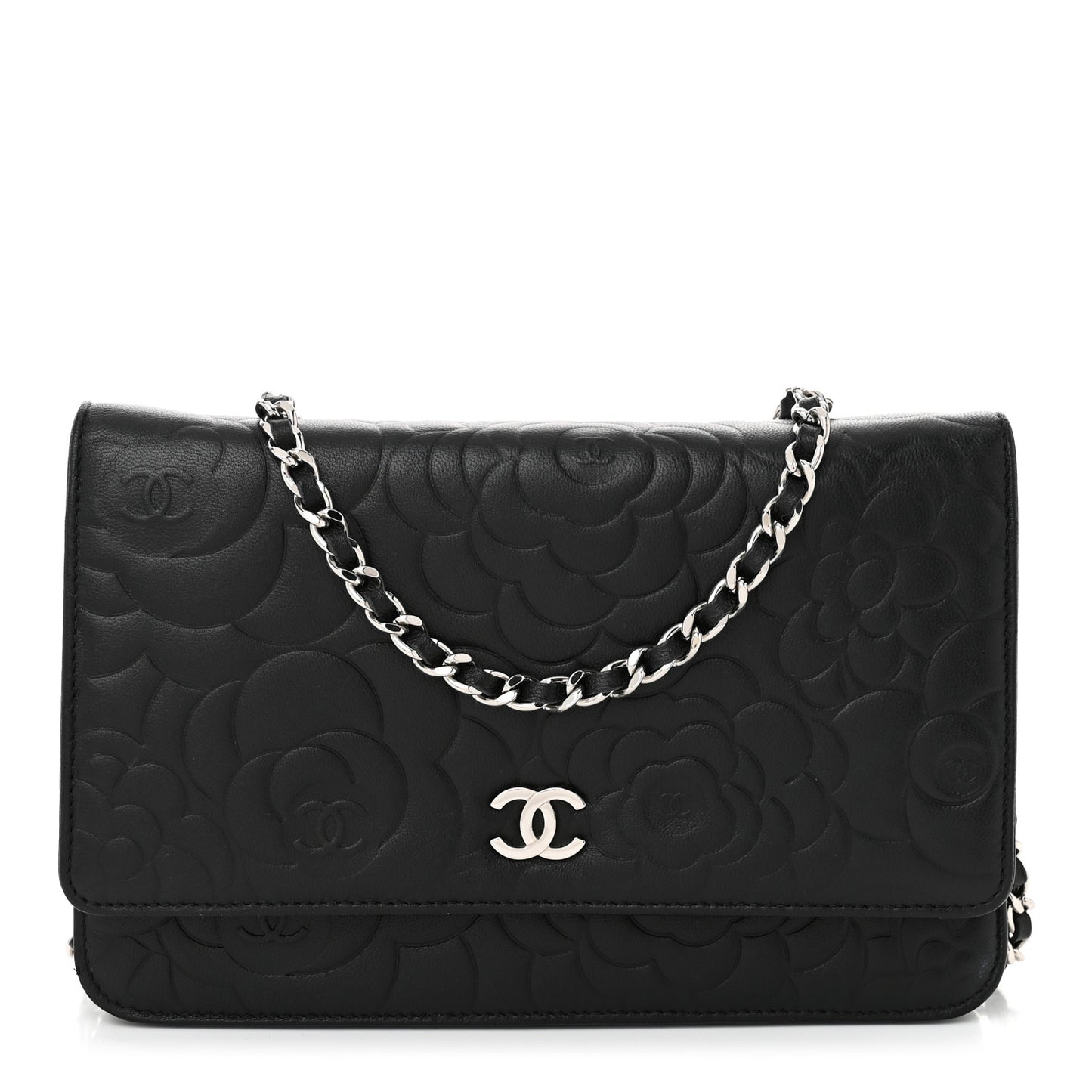 Lambskin Camellia Embossed Wallet On Chain WOC Black