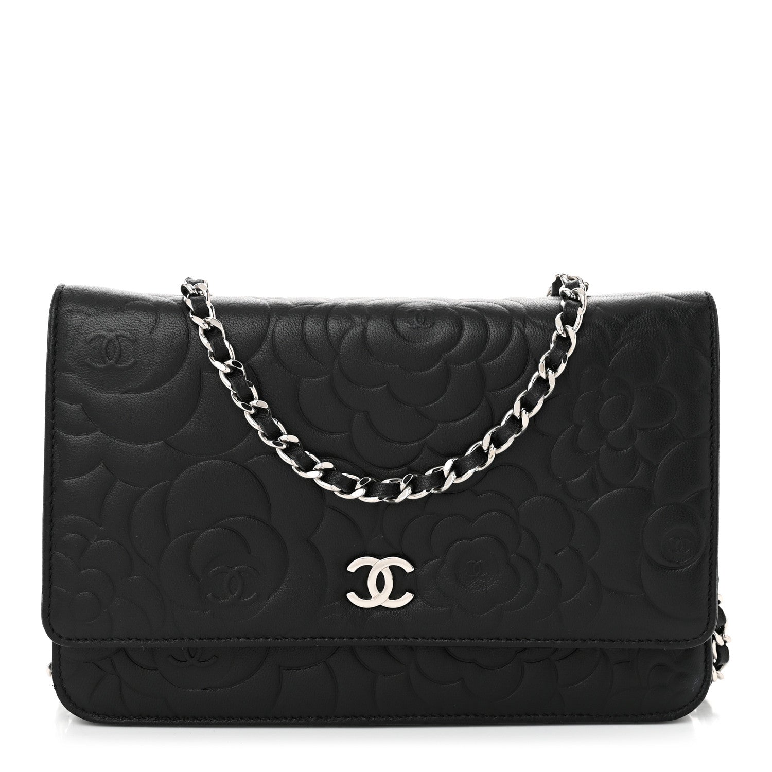 Chanel Lambskin Camellia Embossed Wallet On Chain WOC Black 1 of 11