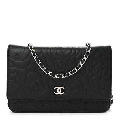 Chanel Lambskin Camellia Embossed Wallet On Chain WOC Black 1 of 11