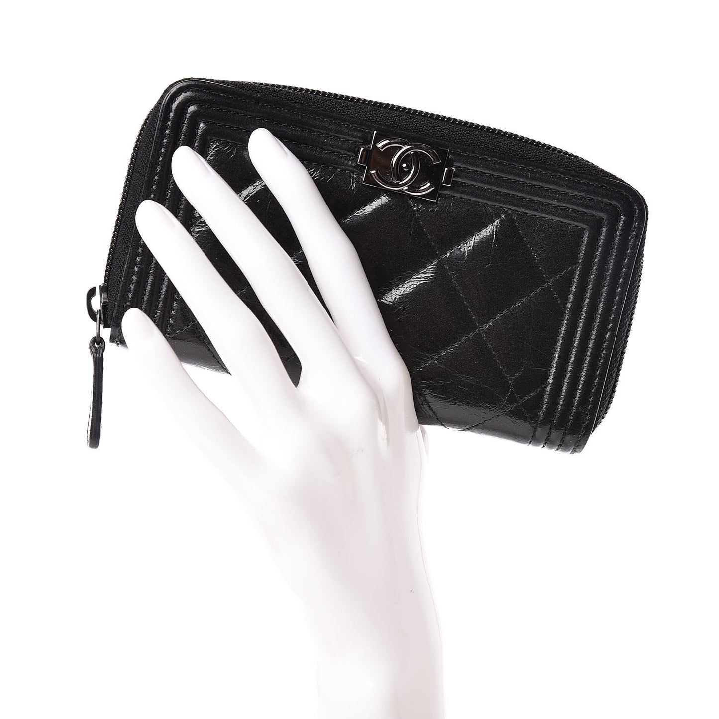 Distressed Patent Quilted Small Boy Zip Around Wallet Black