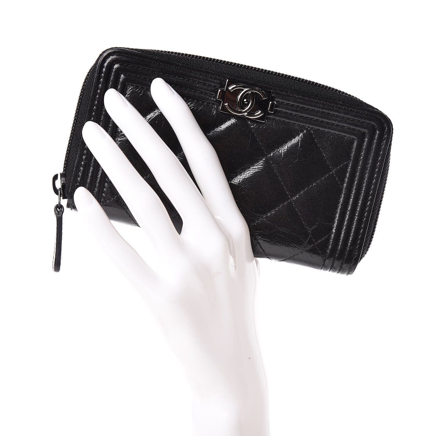 Chanel Distressed Patent Quilted Small Boy Zip Around Wallet Black 2 of 8