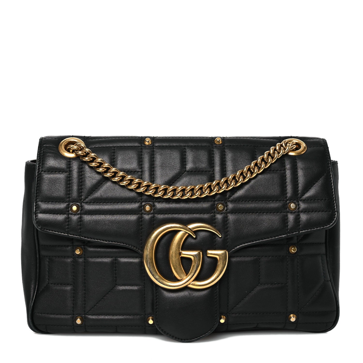 Gucci Calfskin Matelasse Studded Medium GG Marmont Shoulder Bag Black 1 of 17