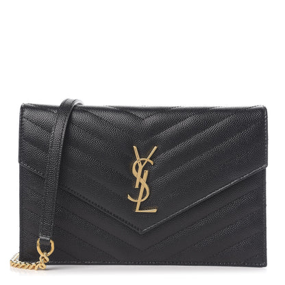 Saint Laurent Grain De Poudre Matelasse Chevron Monogram Envelope Chain Wallet Black 1 of 9