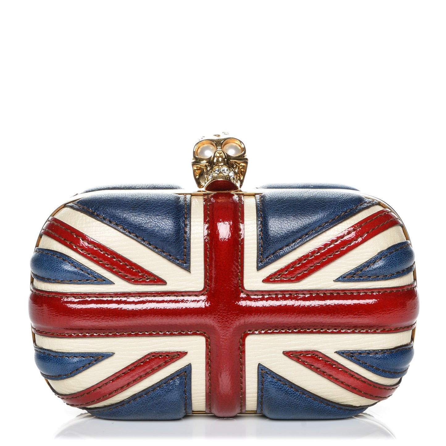 Patent Calfskin Britannia Skull Box Clutch Red Blue