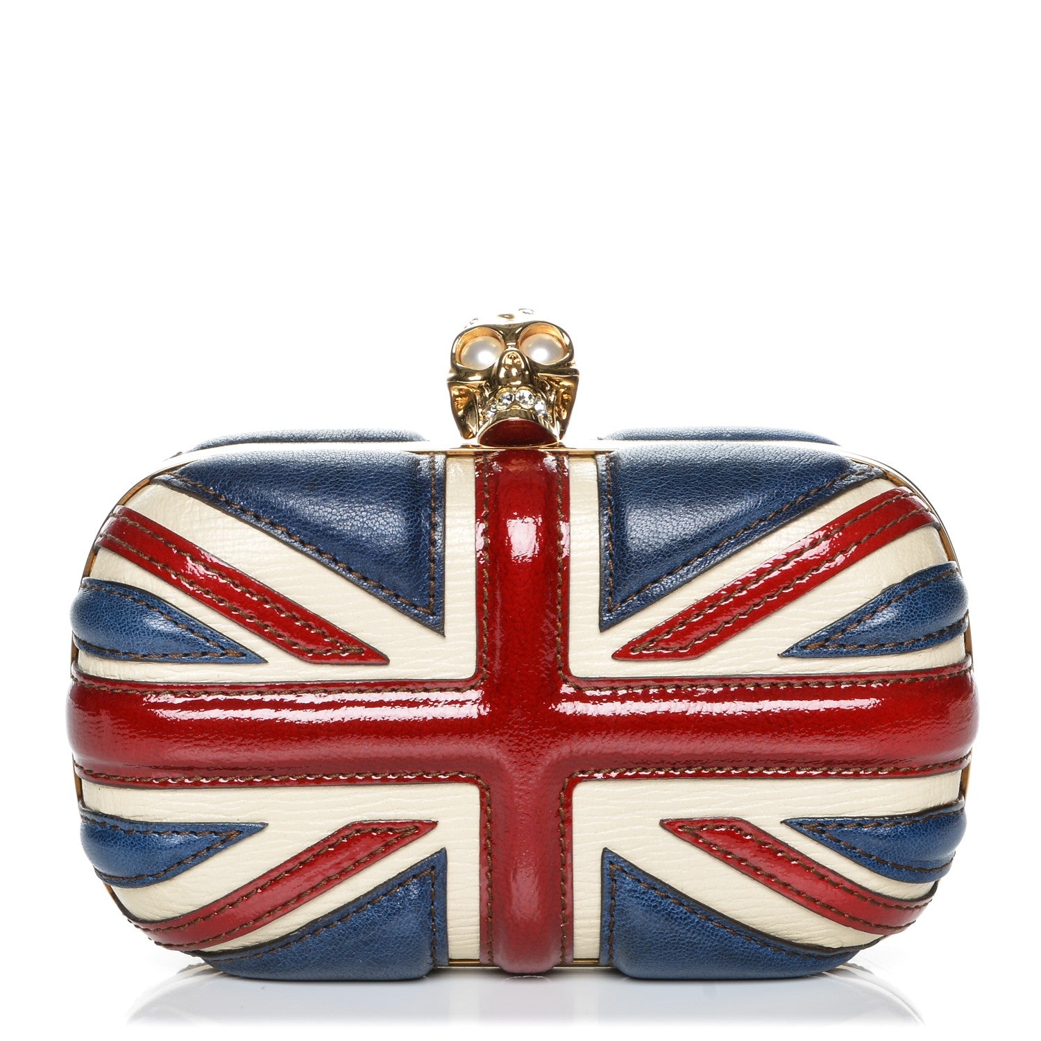 Alexander McQueen Patent Calfskin Britannia Skull Box Clutch Red Blue 1 of 7
