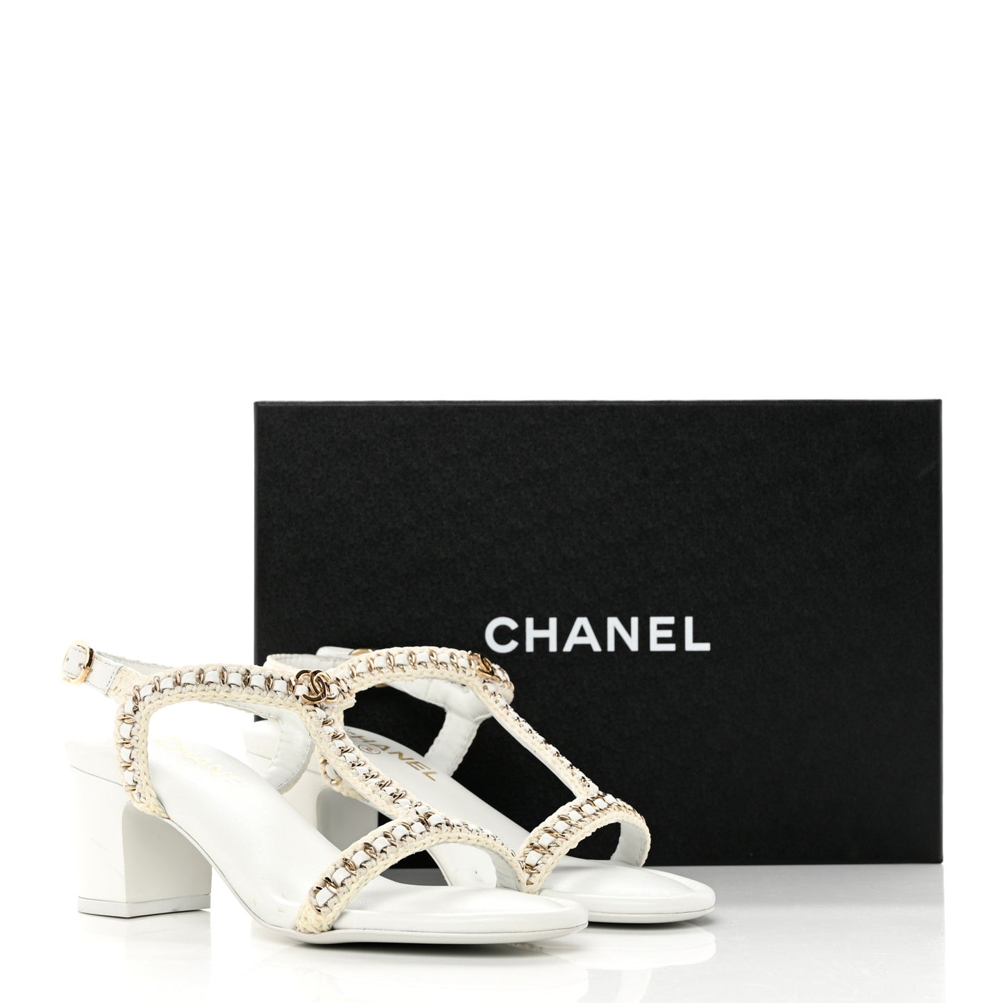 Lambskin CC Chain Braided Sandals 37 White