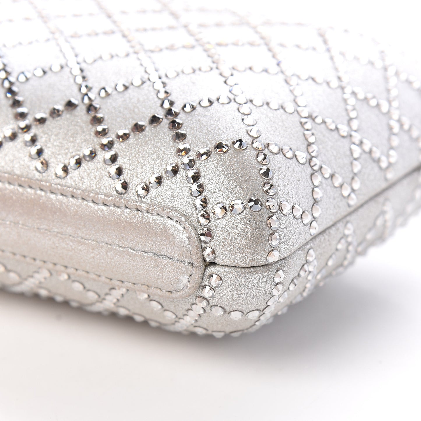 Iridescent Lambskin Crystal Quilted Clutch Silver