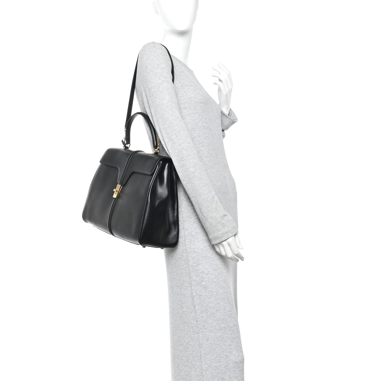 Satinated Calfskin Large 16 Top Handle Bag Black