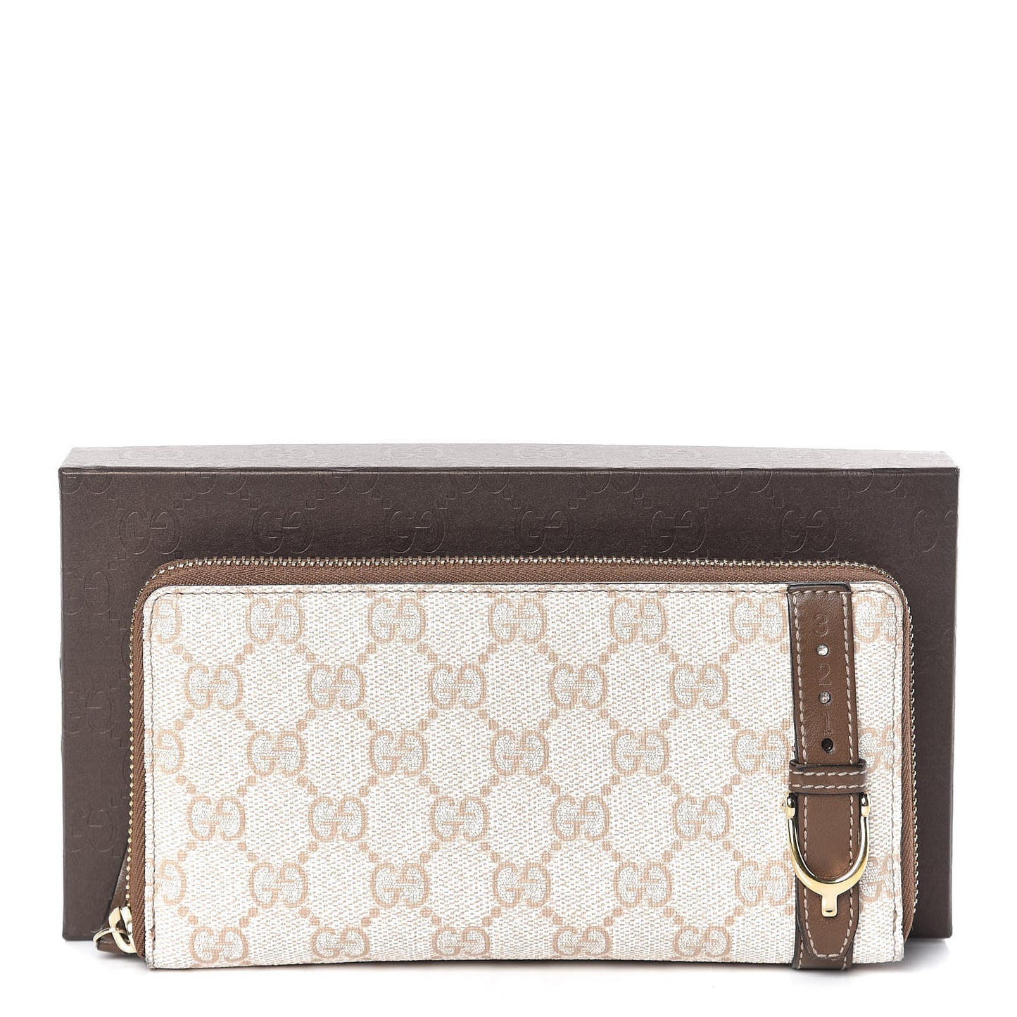 GG Supreme Monogram Calfskin Nice Zip Around Wallet New Mystic White Beige Brown