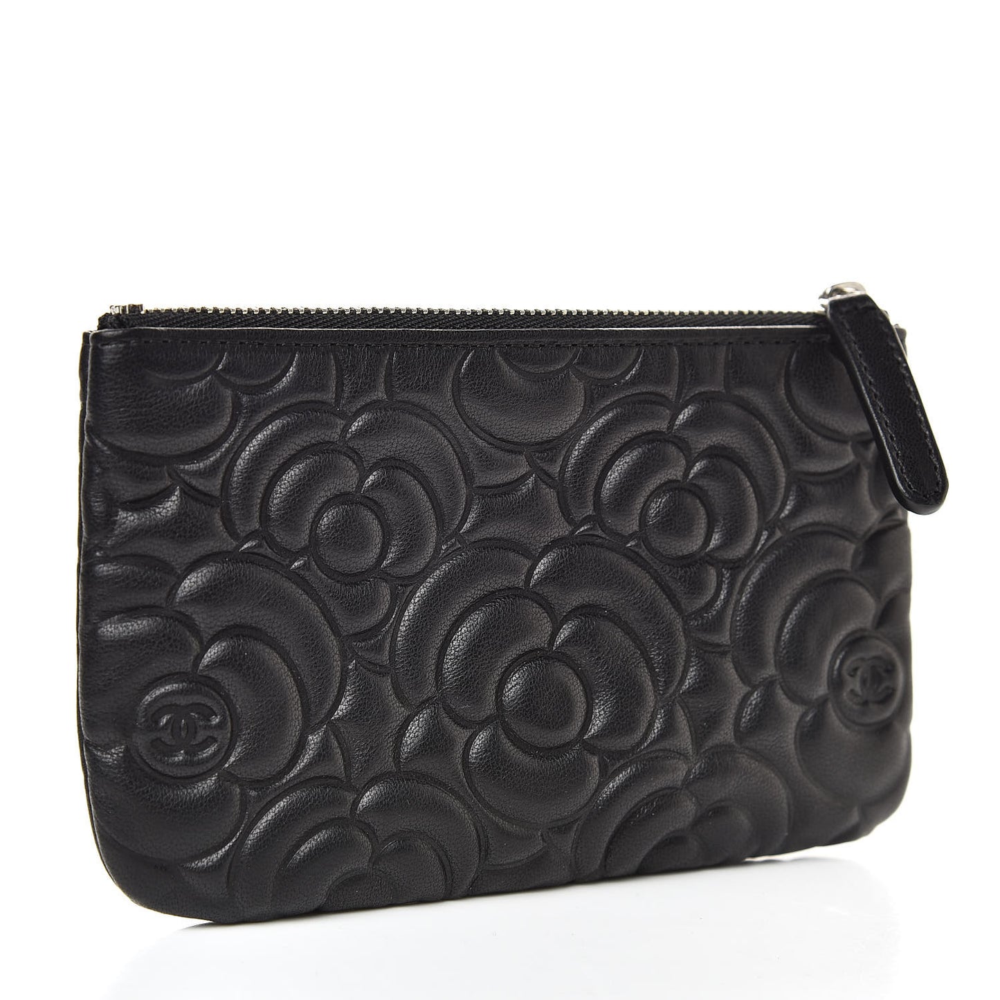 Goatskin Camellia Embossed Cosmetic Pouch Black
