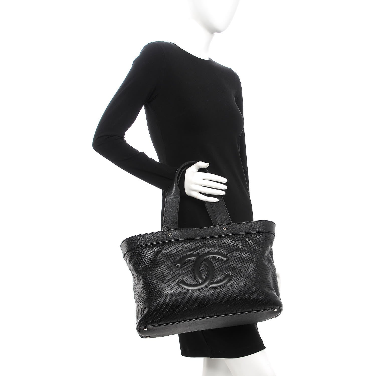 Chanel Goatskin Perforated Large CC Tote Black 2 of 8