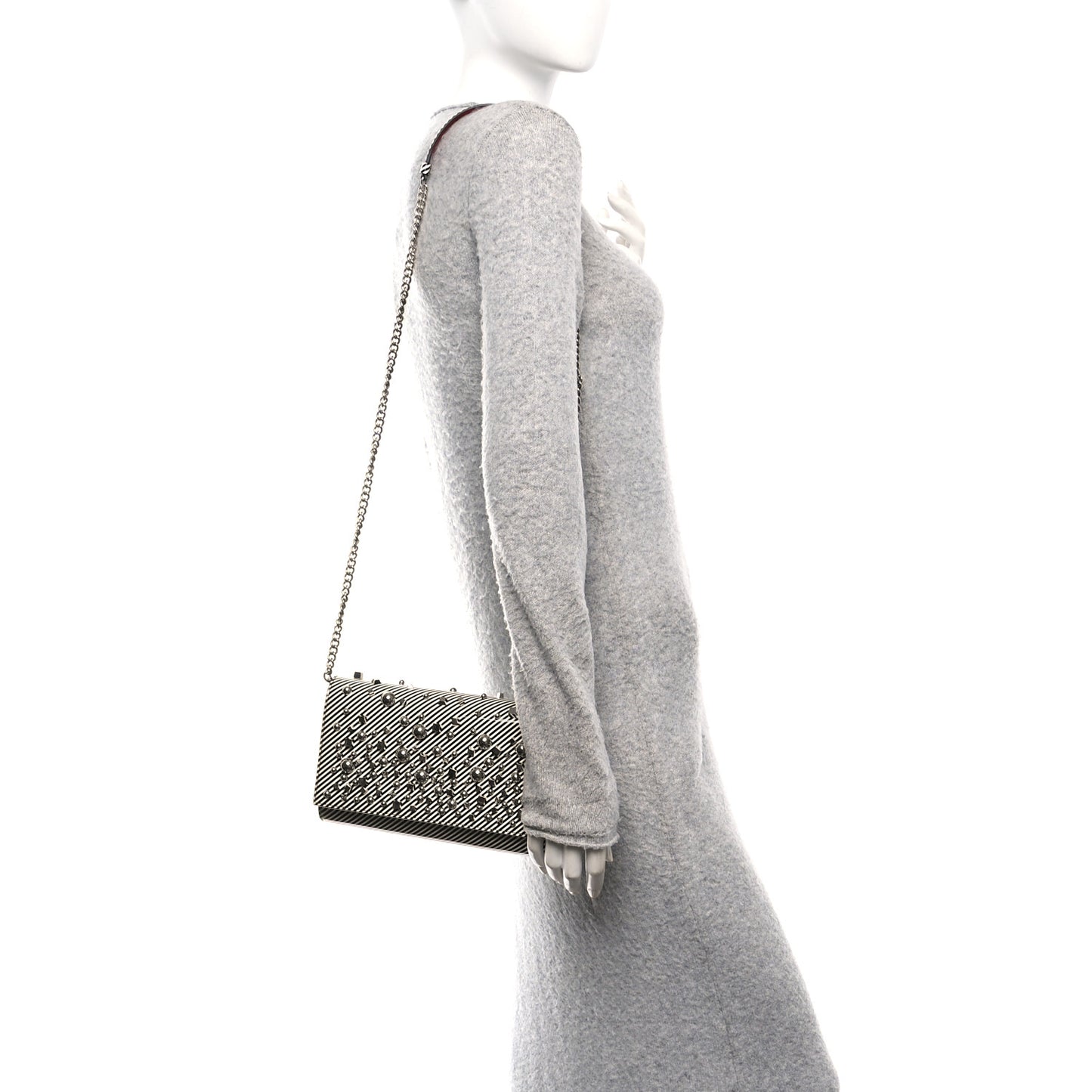 Patent Striped Spikes Paloma Clutch Black White Silver