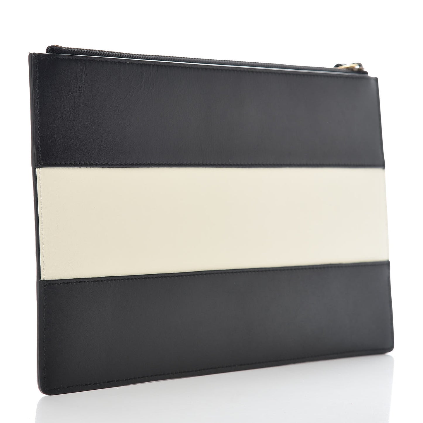Calfskin Striped Oversized Bee Zip Pouch White Black