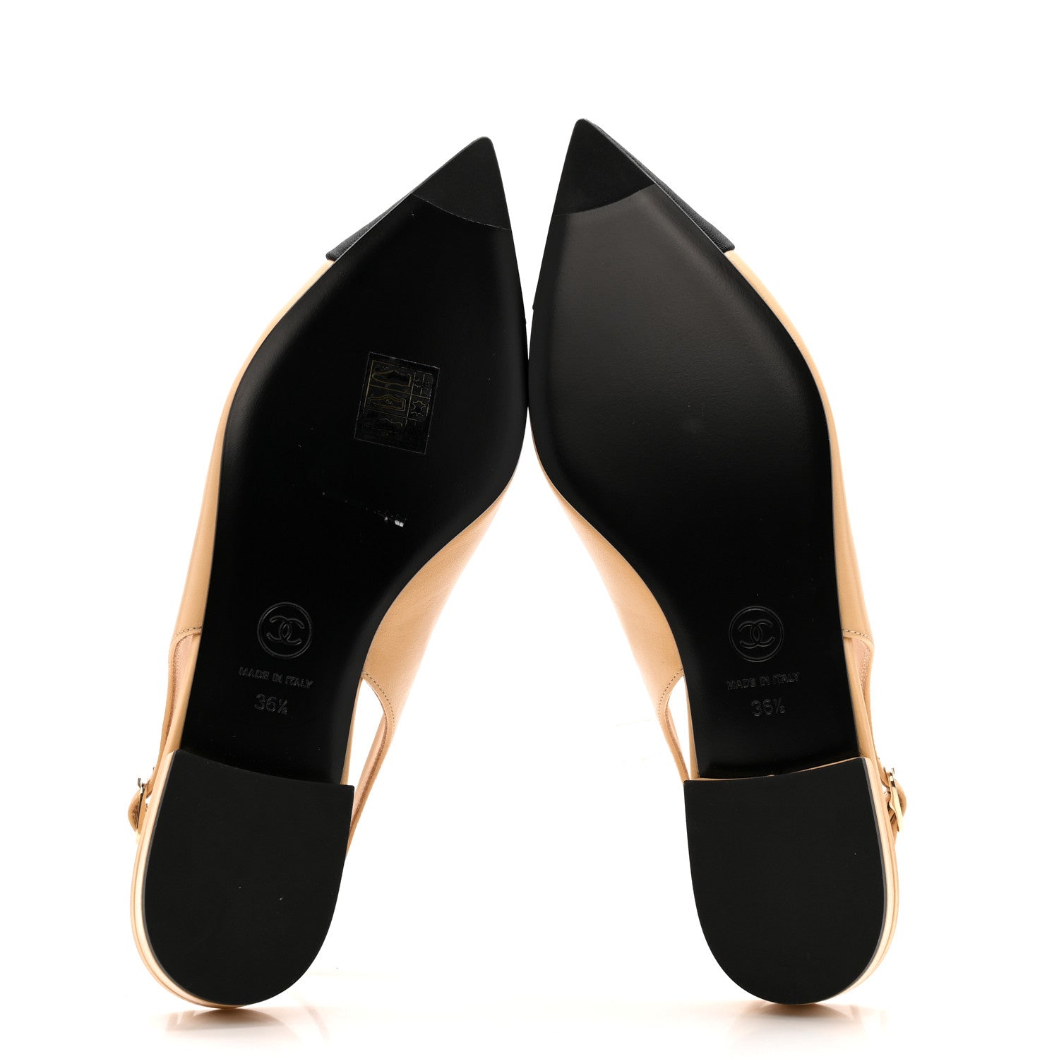 Chanel Goatskin Grosgrain Pointed Toe CC Slingback Flats 36.5 Beige Black 6 of 10