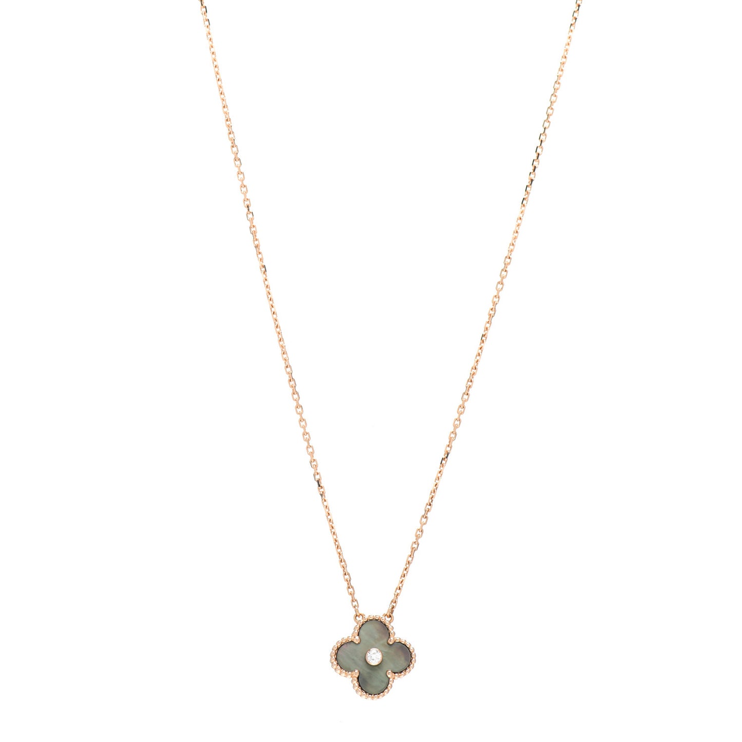 18K Rose Gold Diamond Grey Mother of Pearl Vintage Alhambra Pendant Necklace