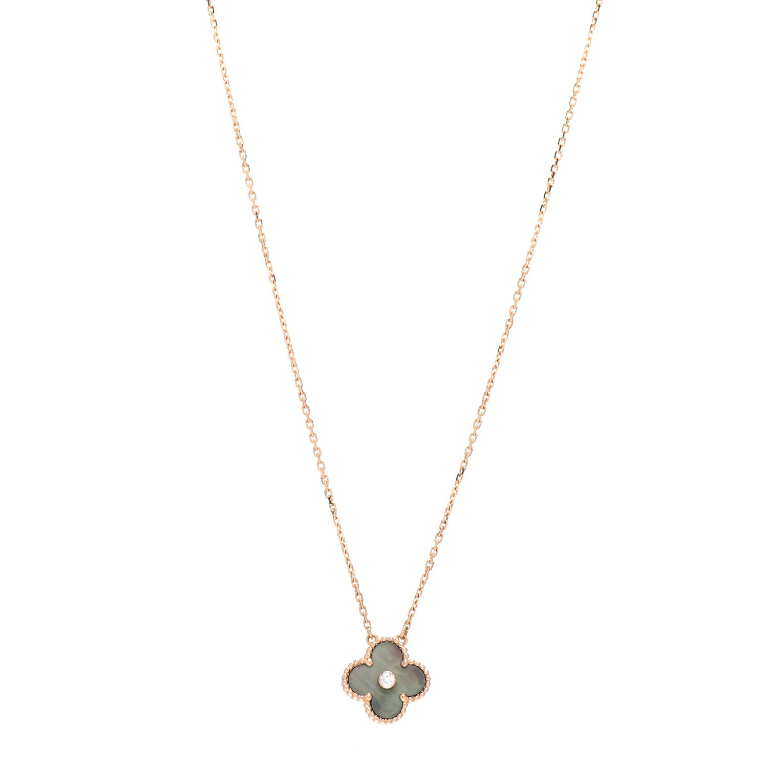 Van Cleef & Arpels 18K Rose Gold Diamond Grey Mother of Pearl Vintage Alhambra Pendant Necklace 1 of 5