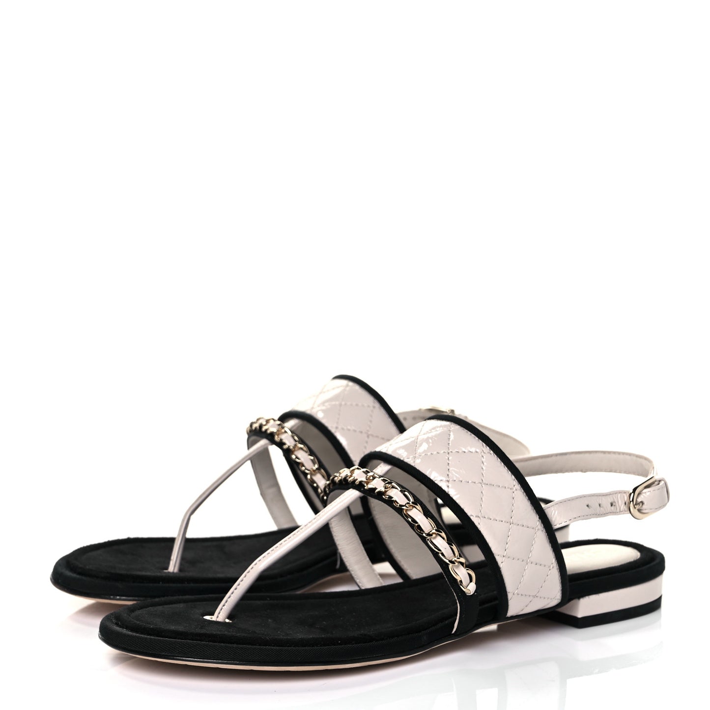 Patent Lambskin Quilted Chain CC Thong Sandals 37 Ivory Black