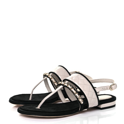 Chanel Patent Lambskin Quilted Chain CC Thong Sandals 37 Ivory Black 3 of 7