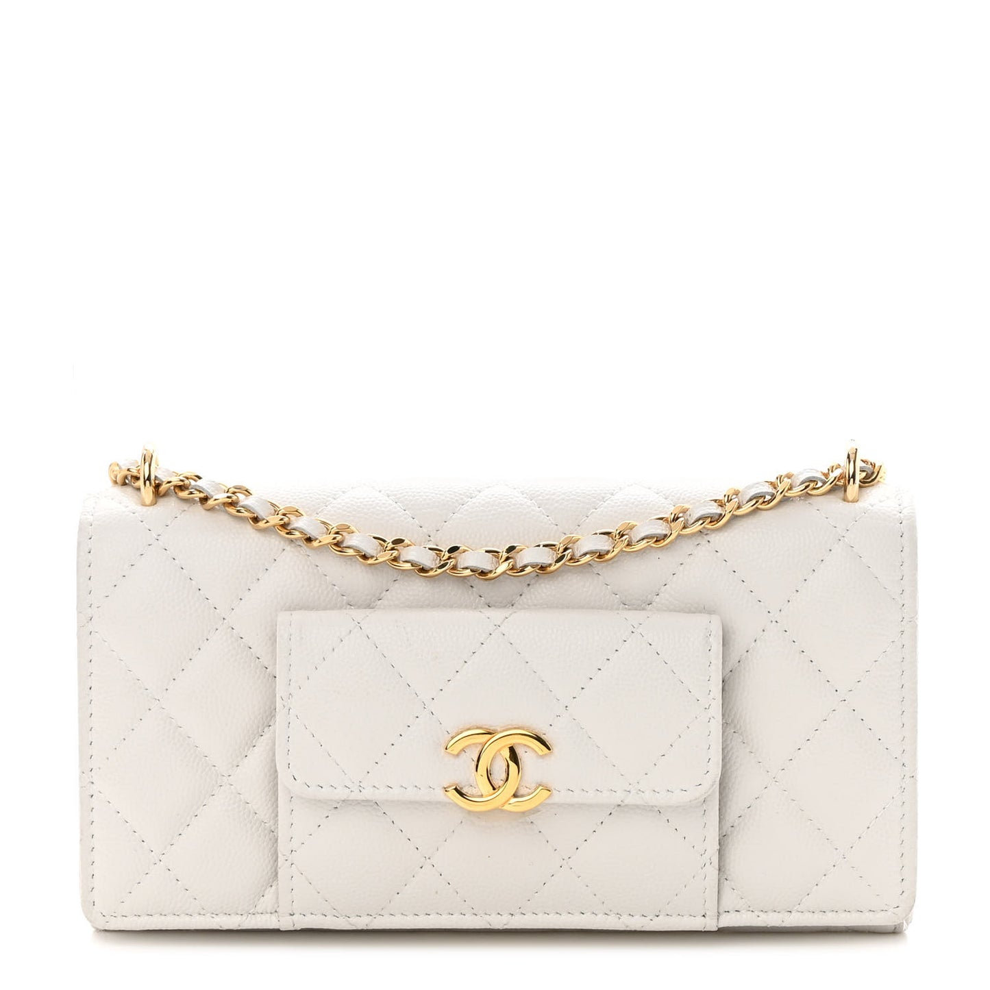 Caviar Quilted Pocket Twins Clutch With Chain White