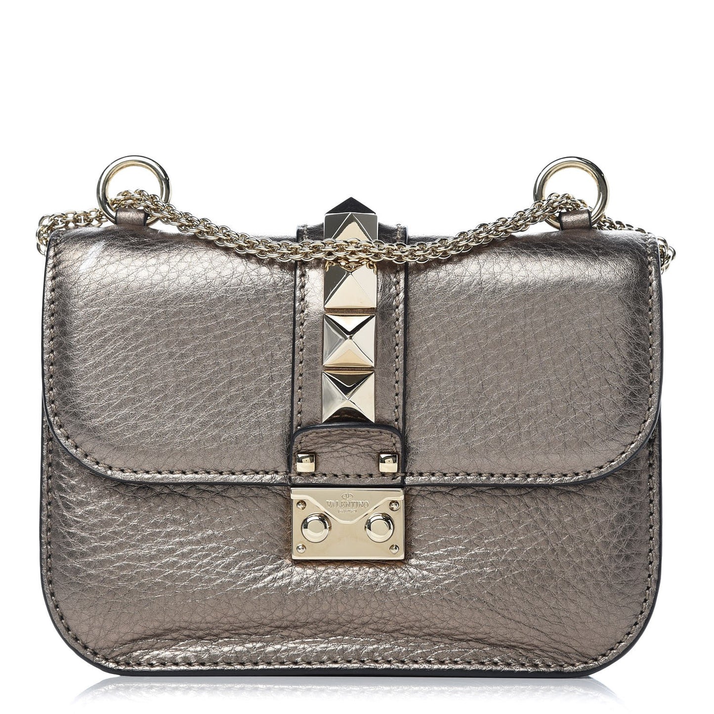 Metallic Vitello Small Glam Lock Rockstud Flap Sasso