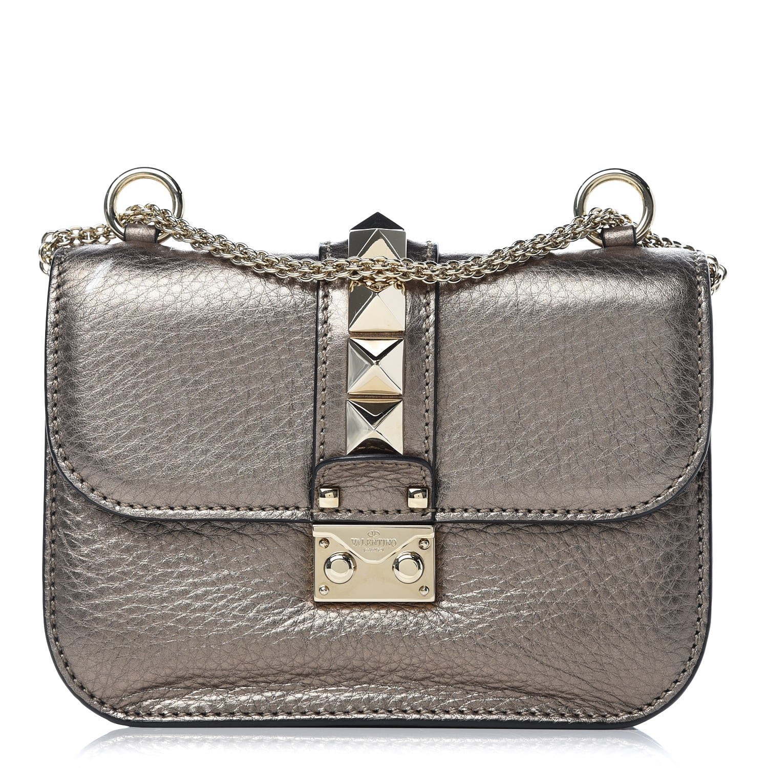 Valentino Garavani Metallic Vitello Small Glam Lock Rockstud Flap Sasso 1 of 8