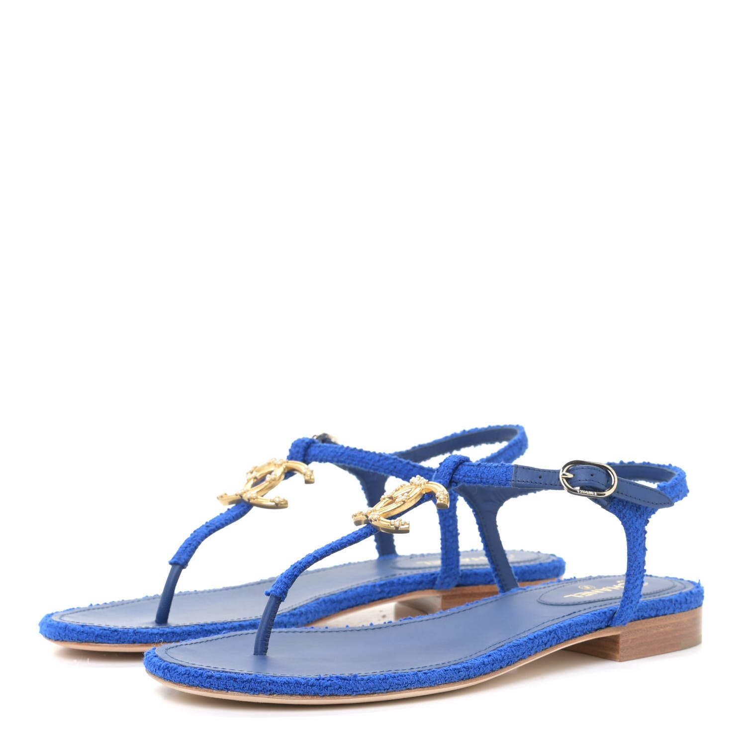 Chanel Cotton Tweed CC Logo Thong Sandals 37 Navy Blue 3 of 13