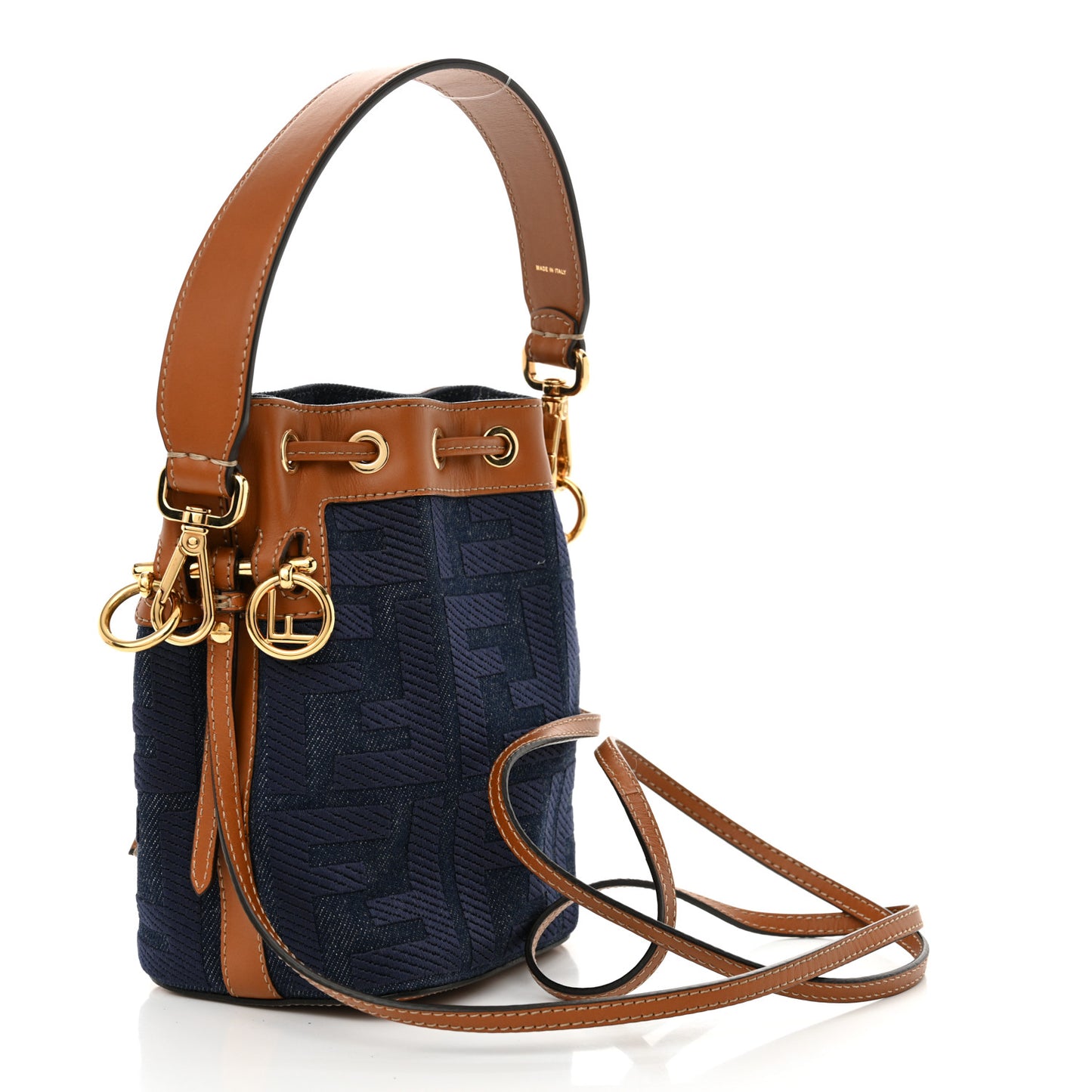 Denim Vitello King F is Fendi FF Embroidered Mini Mon Tresor Bucket Bag Blue Cuoio