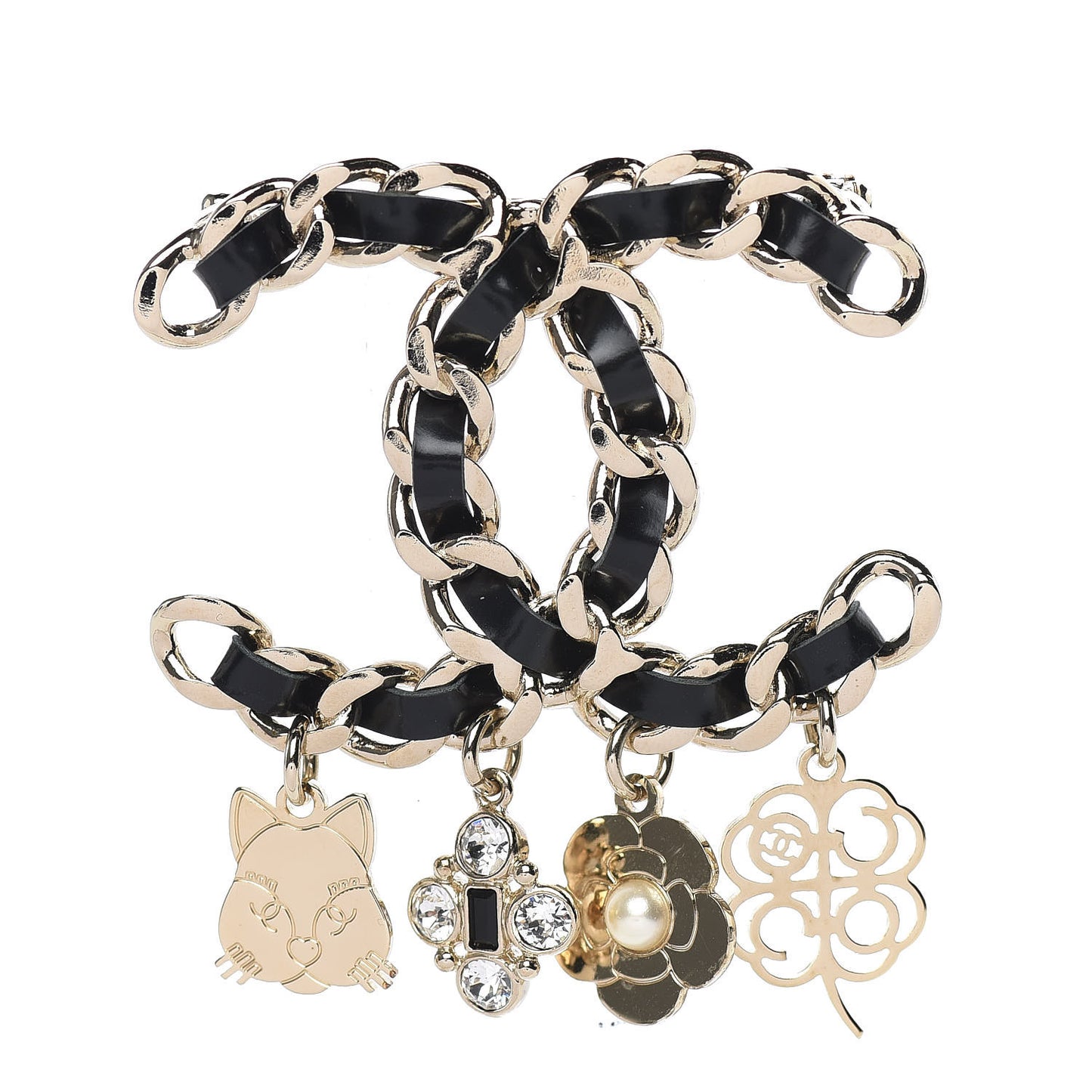 Lambskin Crystal Chain CC Charms Brooch Black Gold