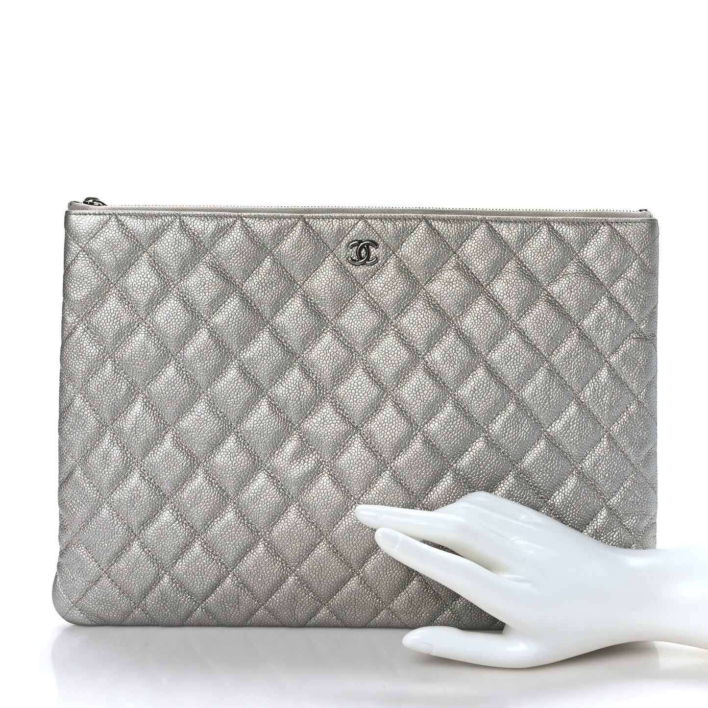 Lambskin Quilted Large Cosmetic Case Silver