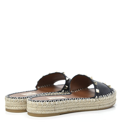 Valentino Garavani Grained Calfskin Rockstud Espadrille Flat Slide Sandals 37 Black 4 of 8