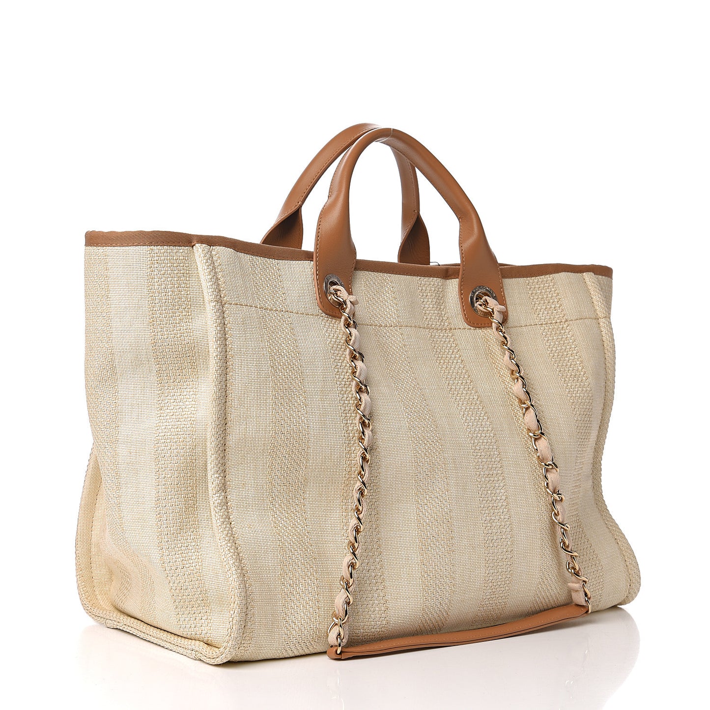Straw Raffia Calfskin Striped Medium Deauville Tote Beige