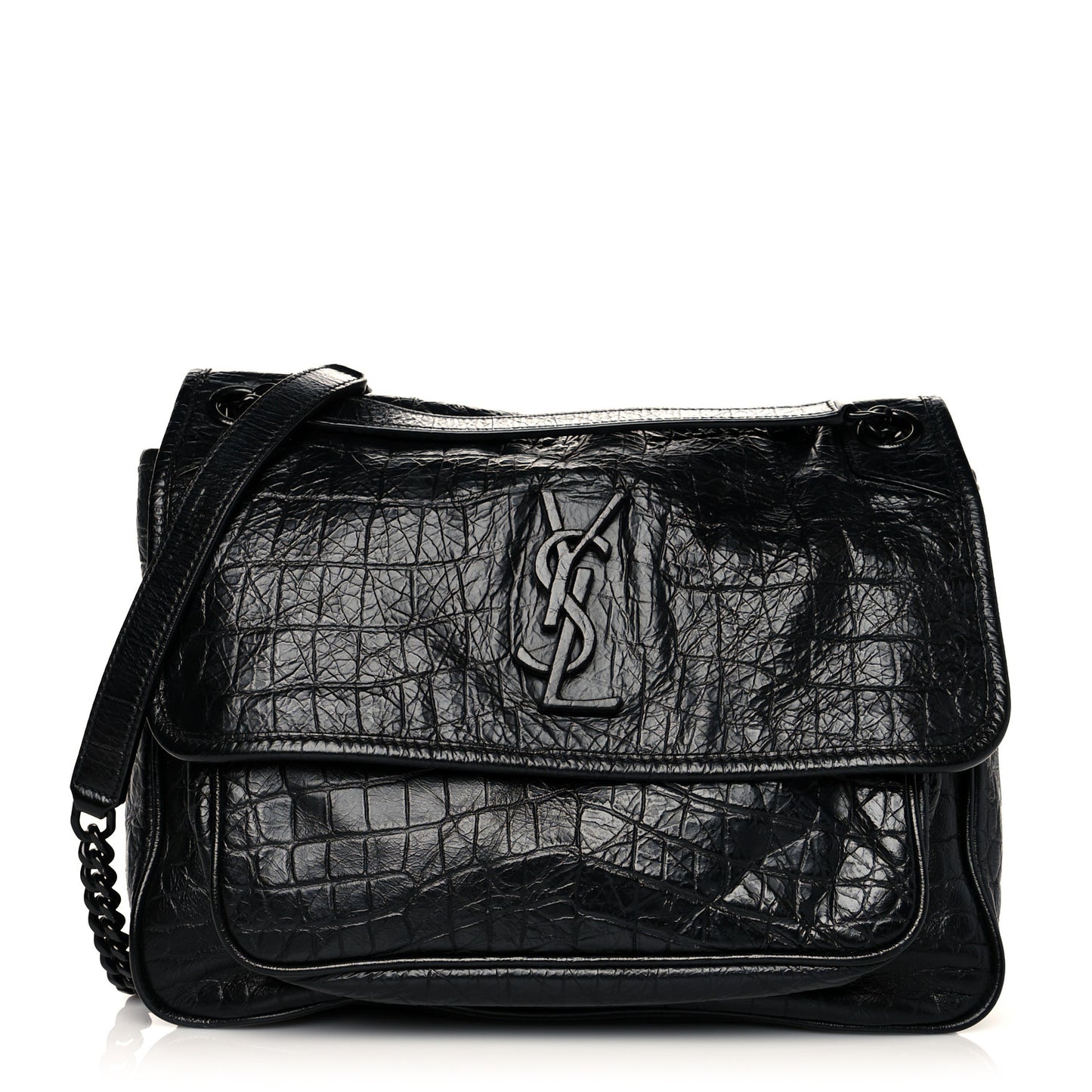 Crinkled Calfskin Crocodile Embossed Monogram Medium Niki Chain Satchel Black