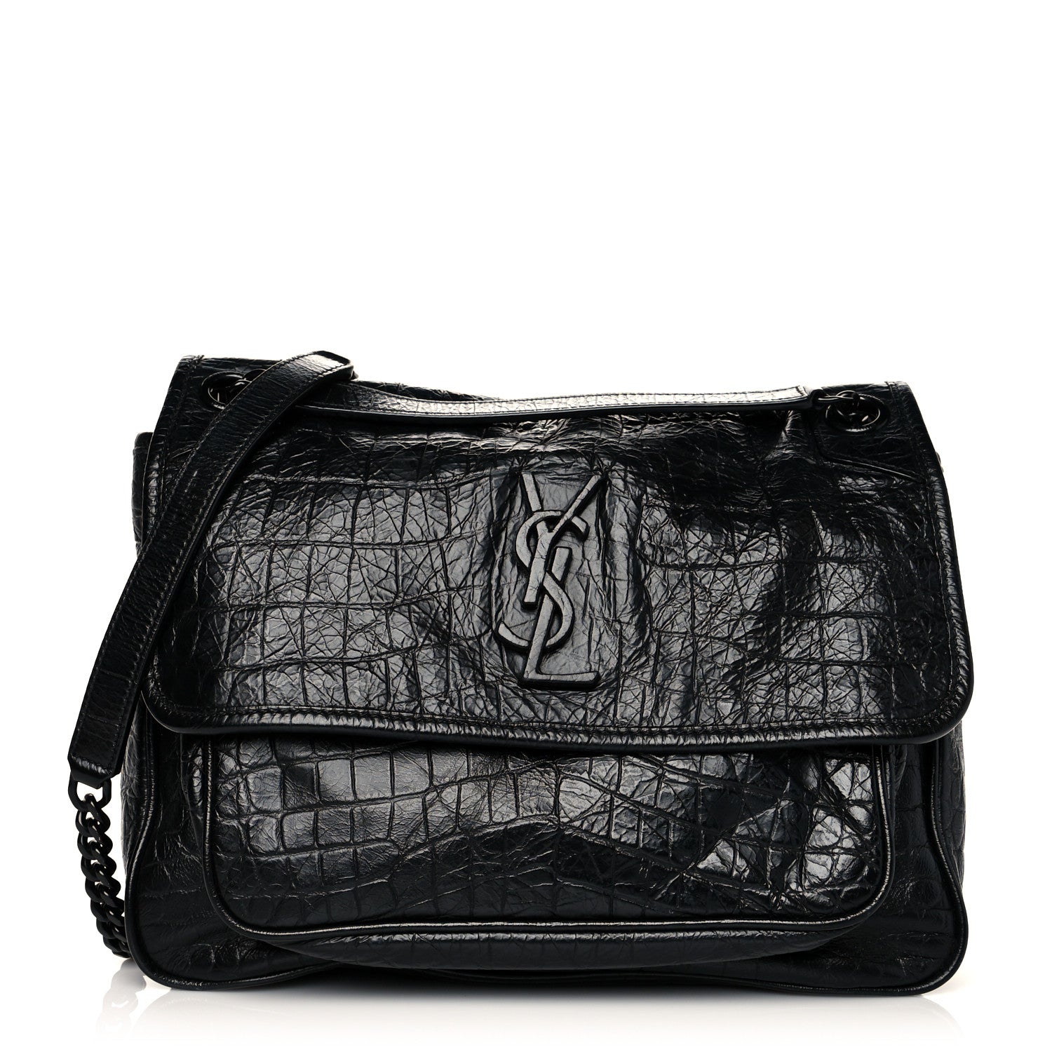 Saint Laurent Crinkled Calfskin Crocodile Embossed Monogram Medium Niki Chain Satchel Black 1 of 10