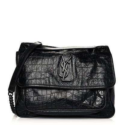 Saint Laurent Crinkled Calfskin Crocodile Embossed Monogram Medium Niki Chain Satchel Black 1 of 10