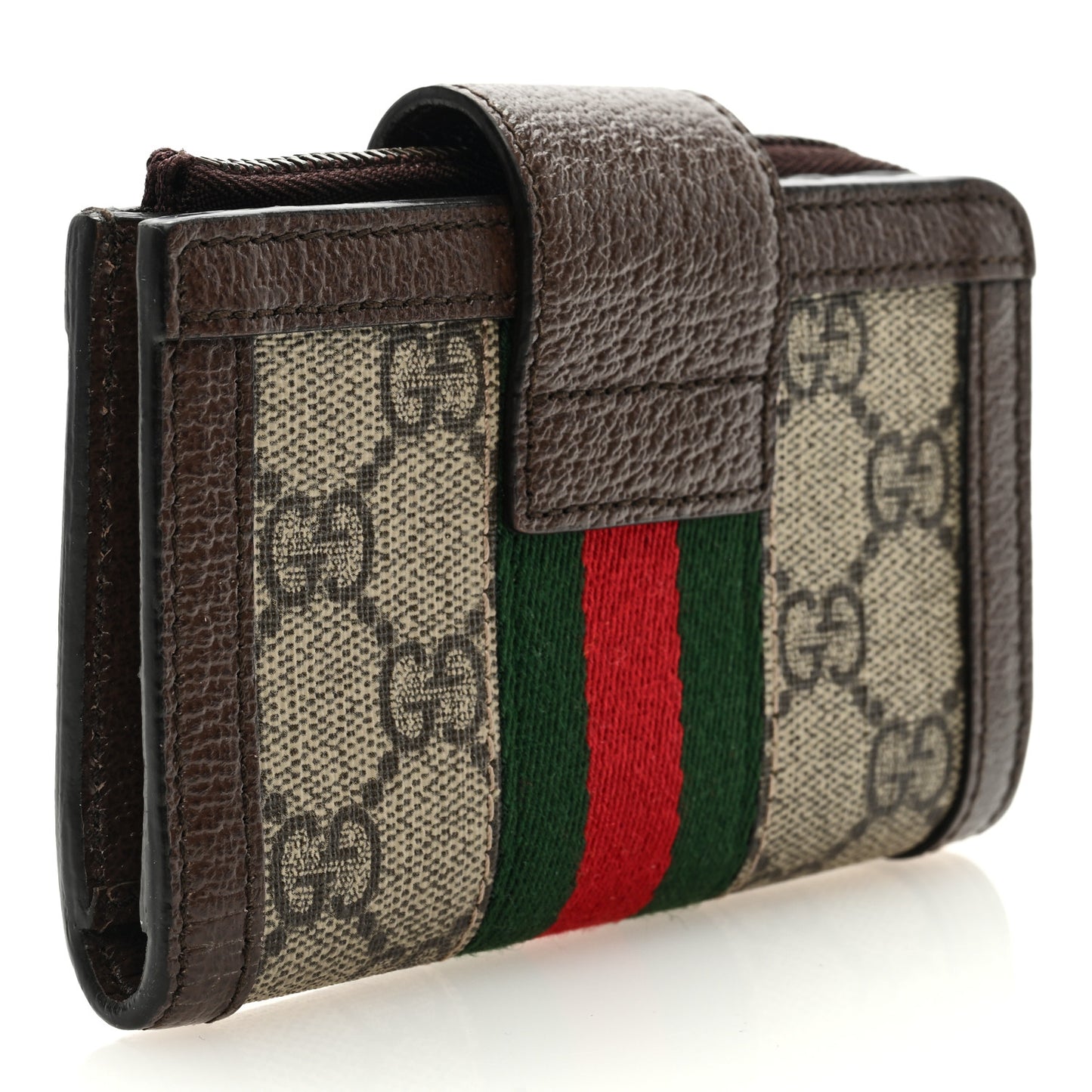 GG Supreme Monogram Textured Dollar Calfskin Web Ophidia Overlay Zip Around Card Case Wallet Beige Ebony New Acero