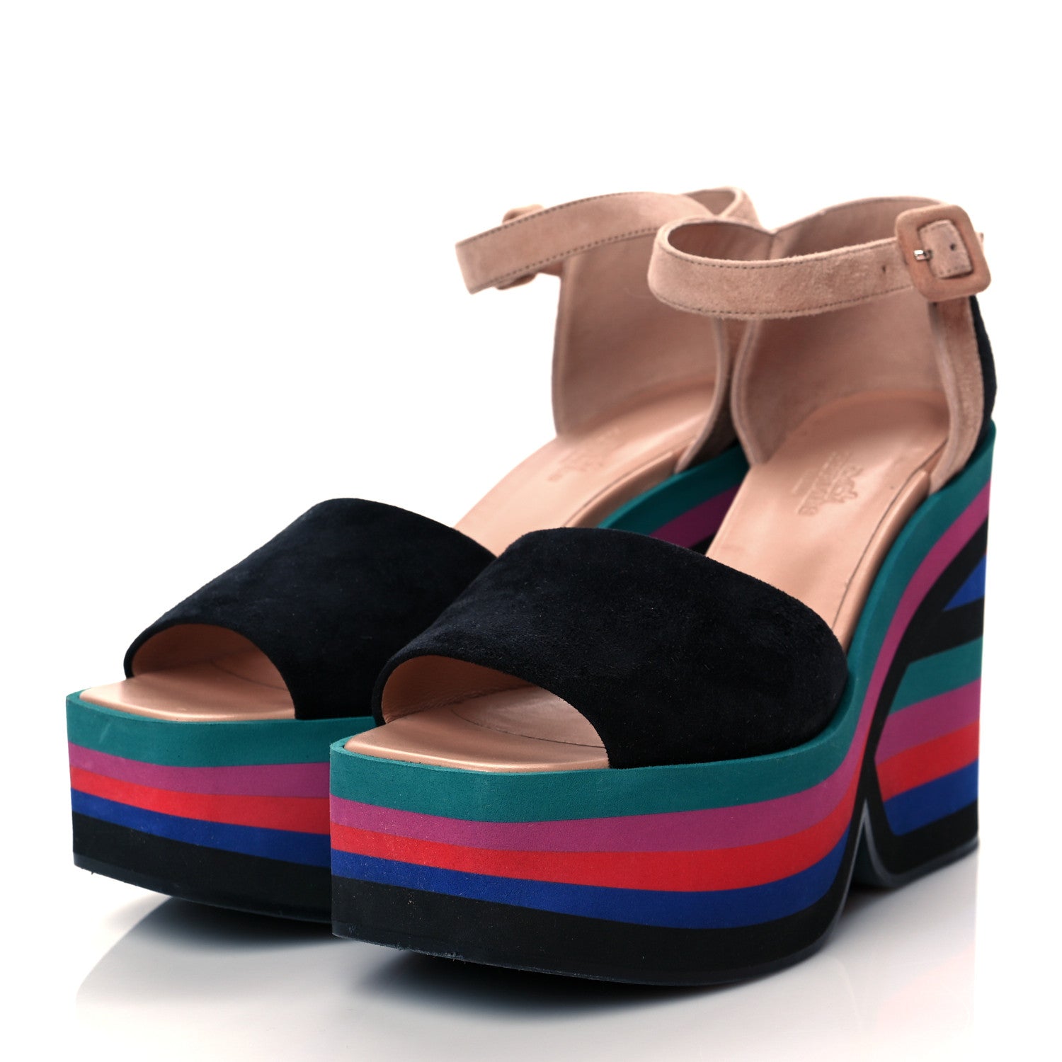 Hermes Suede Goatskin Early Wedge Sandals 38.5 Multicolor Black 3 of 9