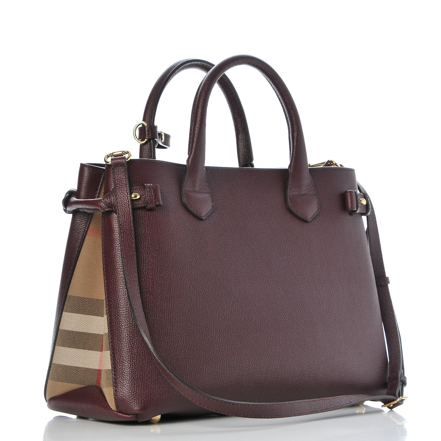 Burberry Grainy Calfskin House Check Medium Banner Tote Mahogany Red 3 of 9