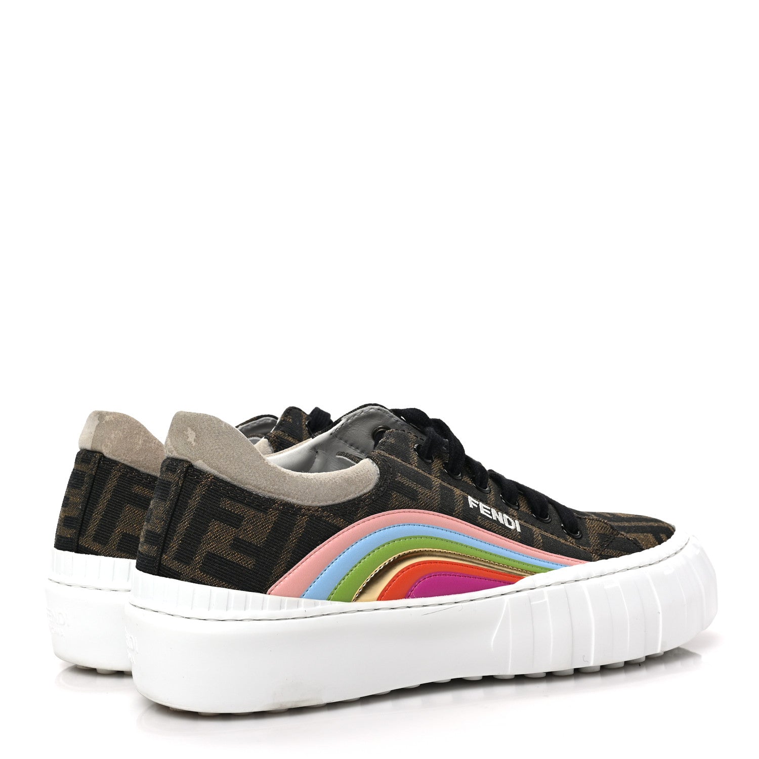 Fendi Fabric Jacquard FF Rainbow Womens Fendi Force Low-Top Sneakers 37 Tobacco Black White Multicolor 4 of 6