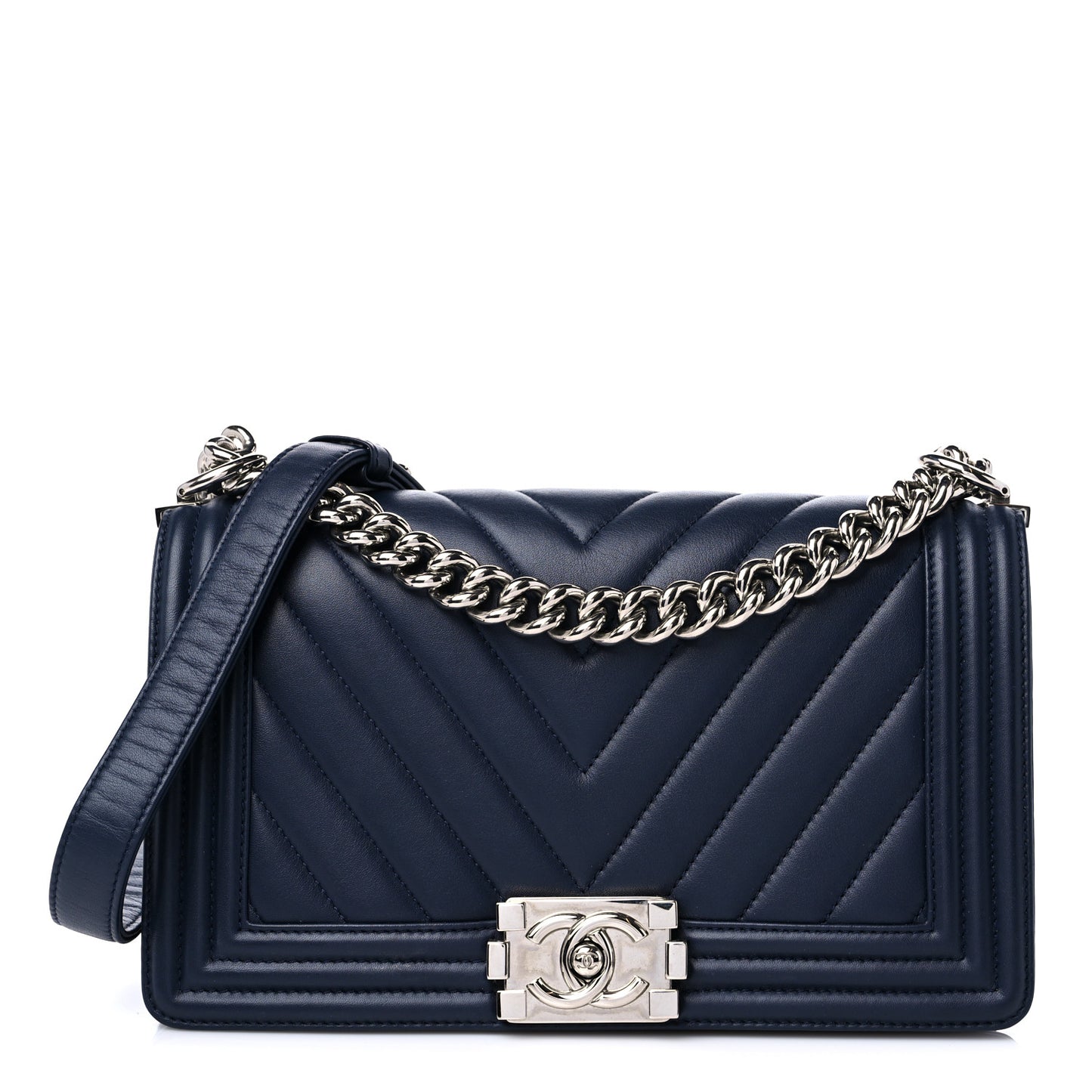 Calfskin Chevron Quilted New Medium Boy Flap Dark Navy Blue