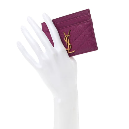 Saint Laurent Grain De Poudre Matelasse Chevron Monogram Credit Card Case Dark Grape 2 of 7
