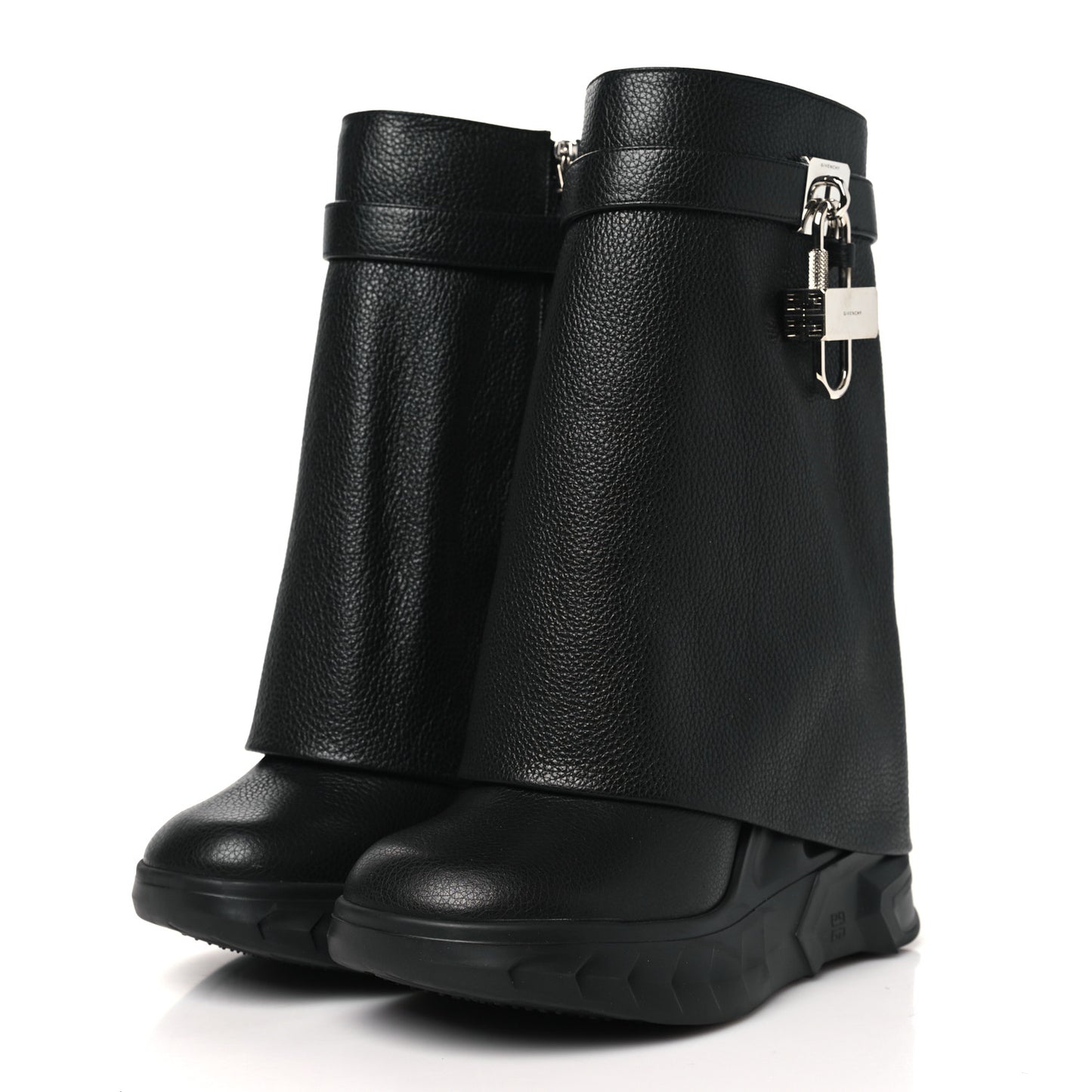 Grained Calfskin Shark Lock Biker Ankle Boots 38 Black