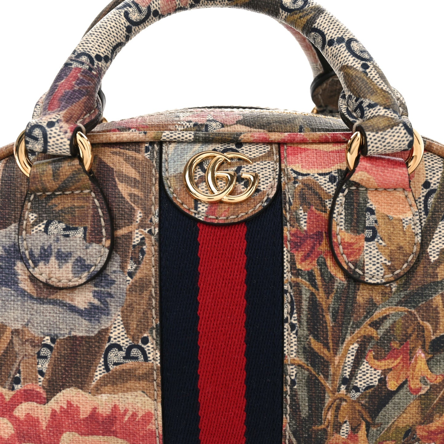 GG Supreme Monogram Water Flora Web Mini Ophidia Top Handle Bowler Bag Beige White Multicolor